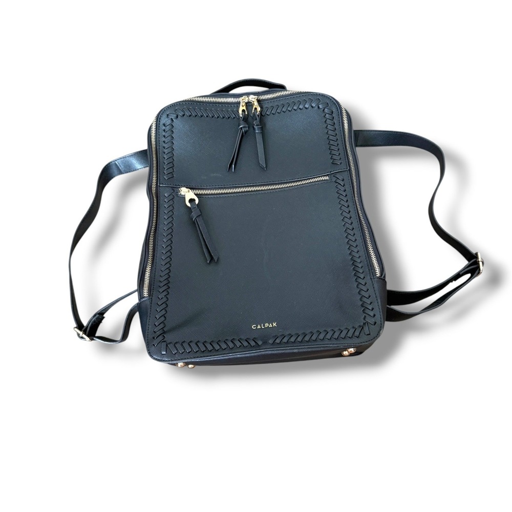 CALPAK Kaya 15" Laptop Backpack Black Faux Leather Whipstitch Travel Bag